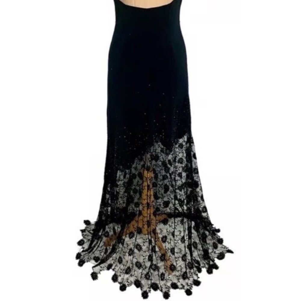 Vintage Jovani Black Beaded Lace Slip Dress w Sheer Floral Hem Size 6 - Picture 4 of 11